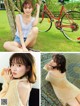 A collage of photos of a woman sitting next to a bike.