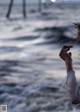 A woman standing on the beach with her hair blowing in the wind.